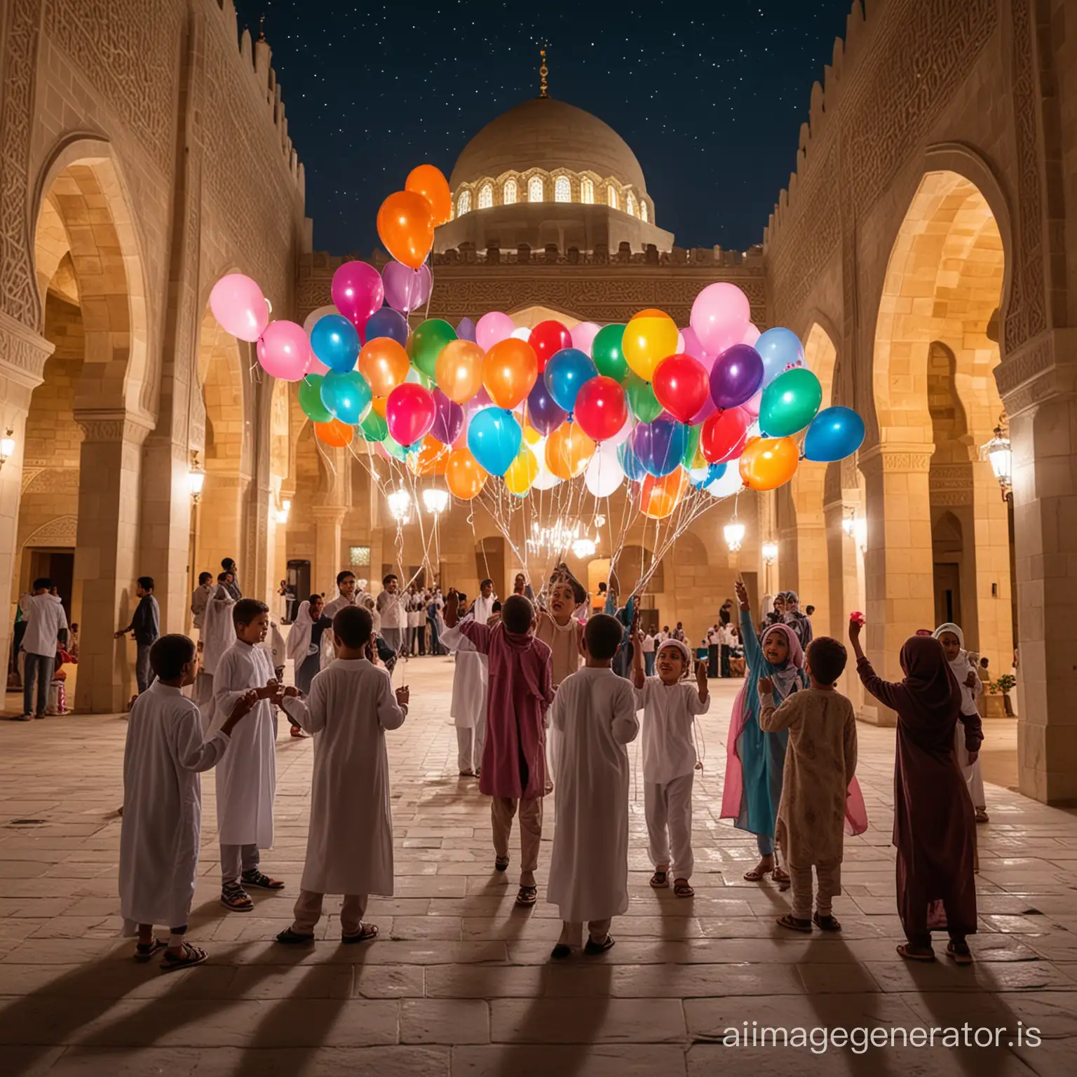 many Happy Arab children holding balloons and candy for Islamic events like Eid ul Fitr in a mosque courtyard at night