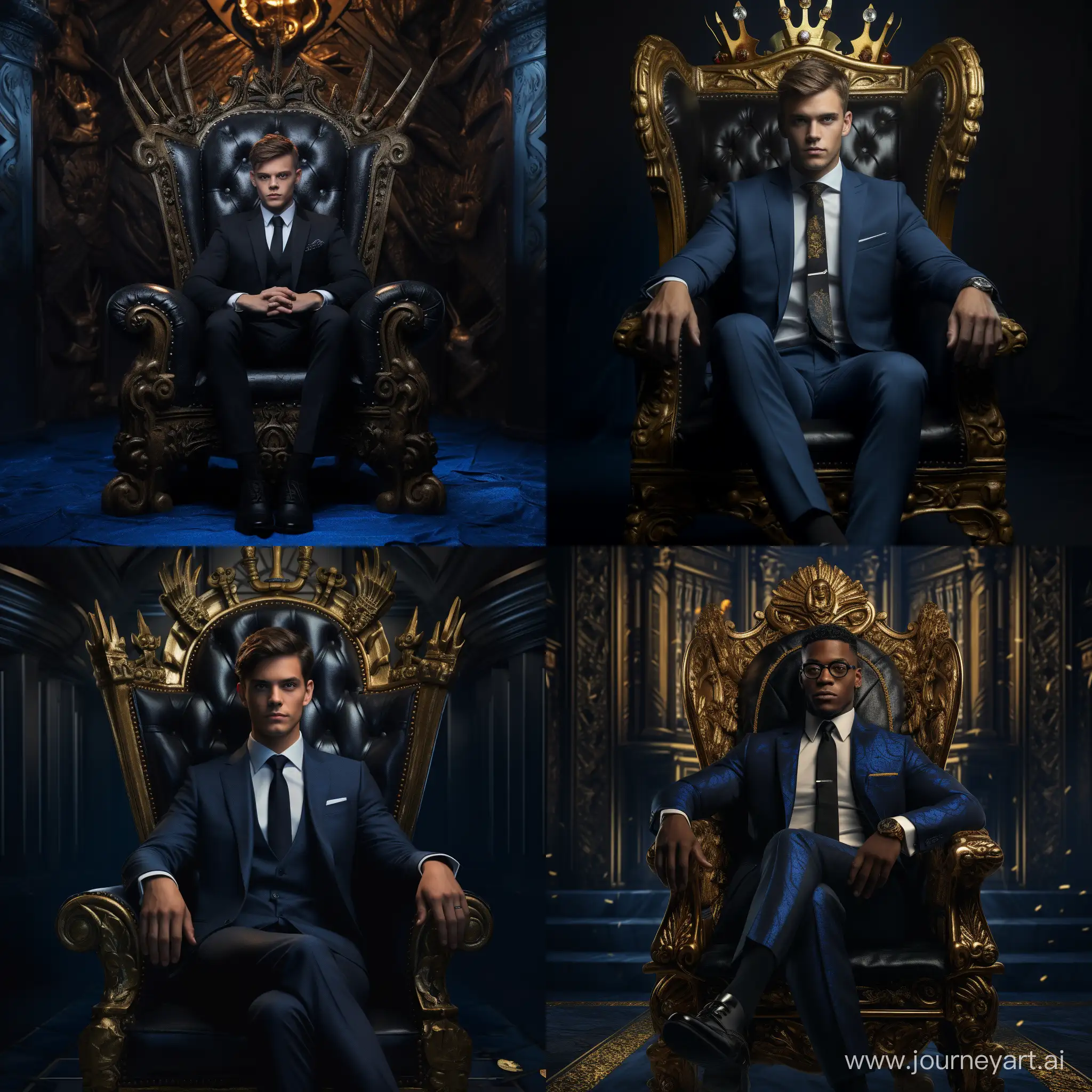 Regal-27YearOld-King-in-Blue-and-Black-Suit-on-Throne