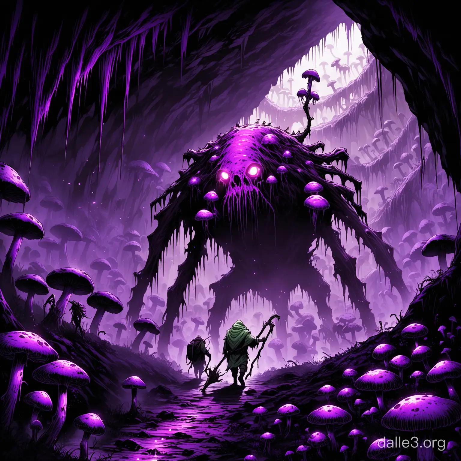 Picture of a hunched fungal humanoid druid holding a withered staff walking up to a giant biotech vat of decomposing werebeasts. He is in a large eerie cave with tall purple mushrooms with glowing stalks. The cave floor is littered with bones and small fungal-spider monstrosities