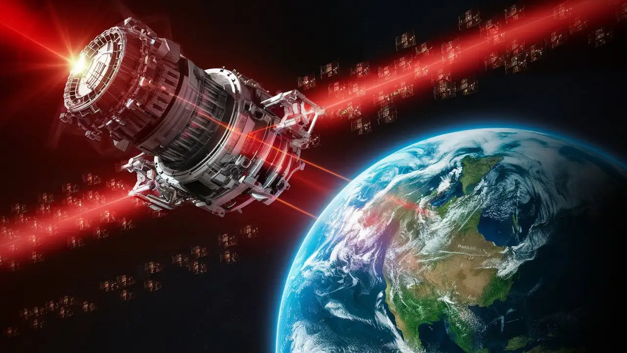 generate a huge massive futuristic chinese satellite in outer space orbiting earth while producing a red light beam which is powering many normal size satellites and make it a secondary background