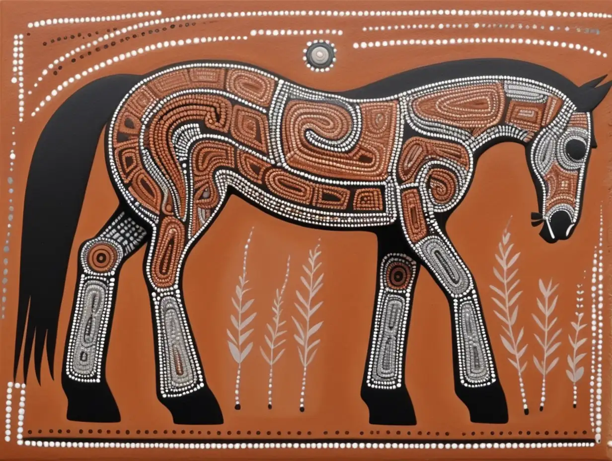 australian aboriginal point art  with a horse in  light terracotta, green, black, white, light grey

