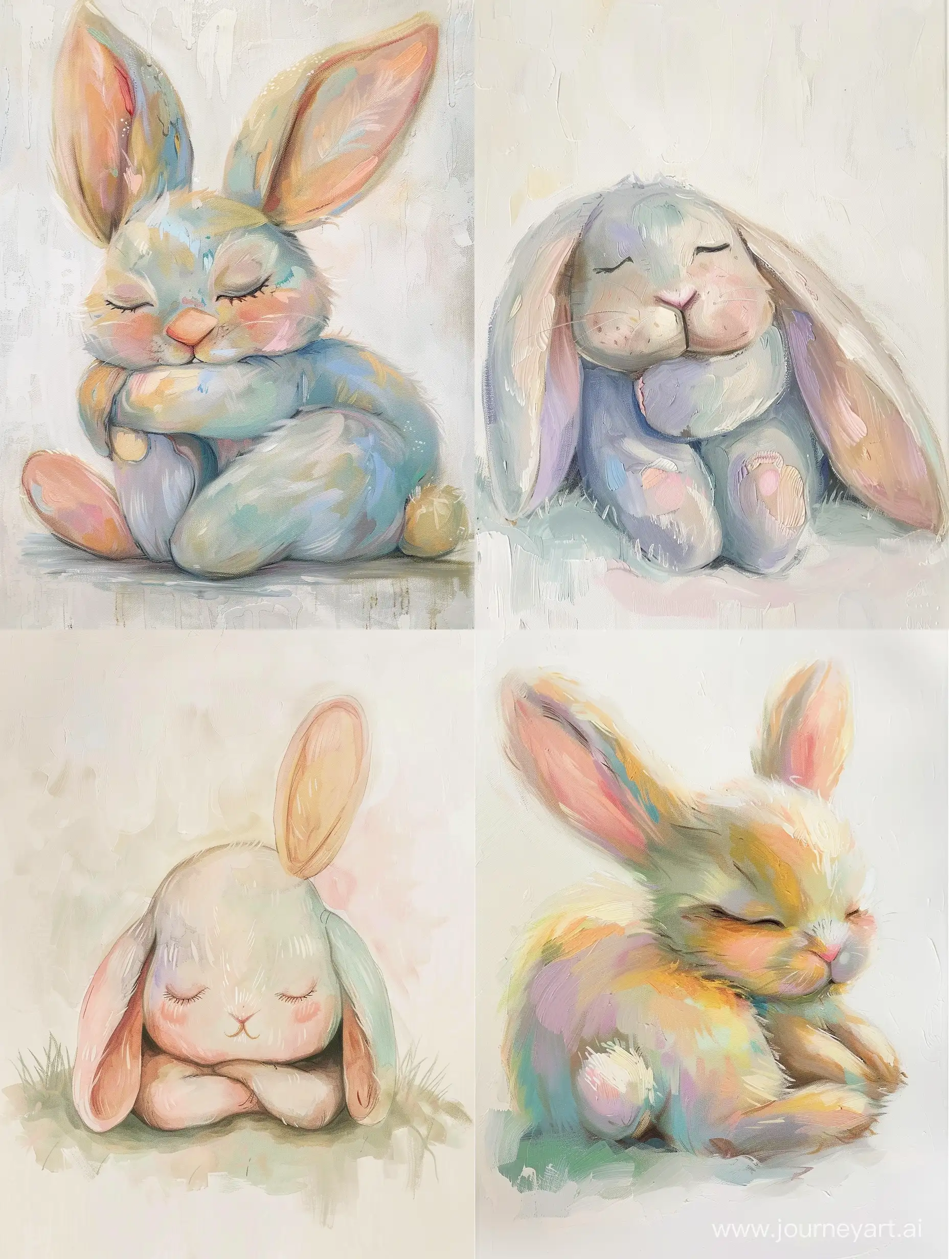 Paint a charming nursery painting featuring a hand-painted sleeping bunny in soft pastel colors, adding a touch of sweetness and innocence to the space.