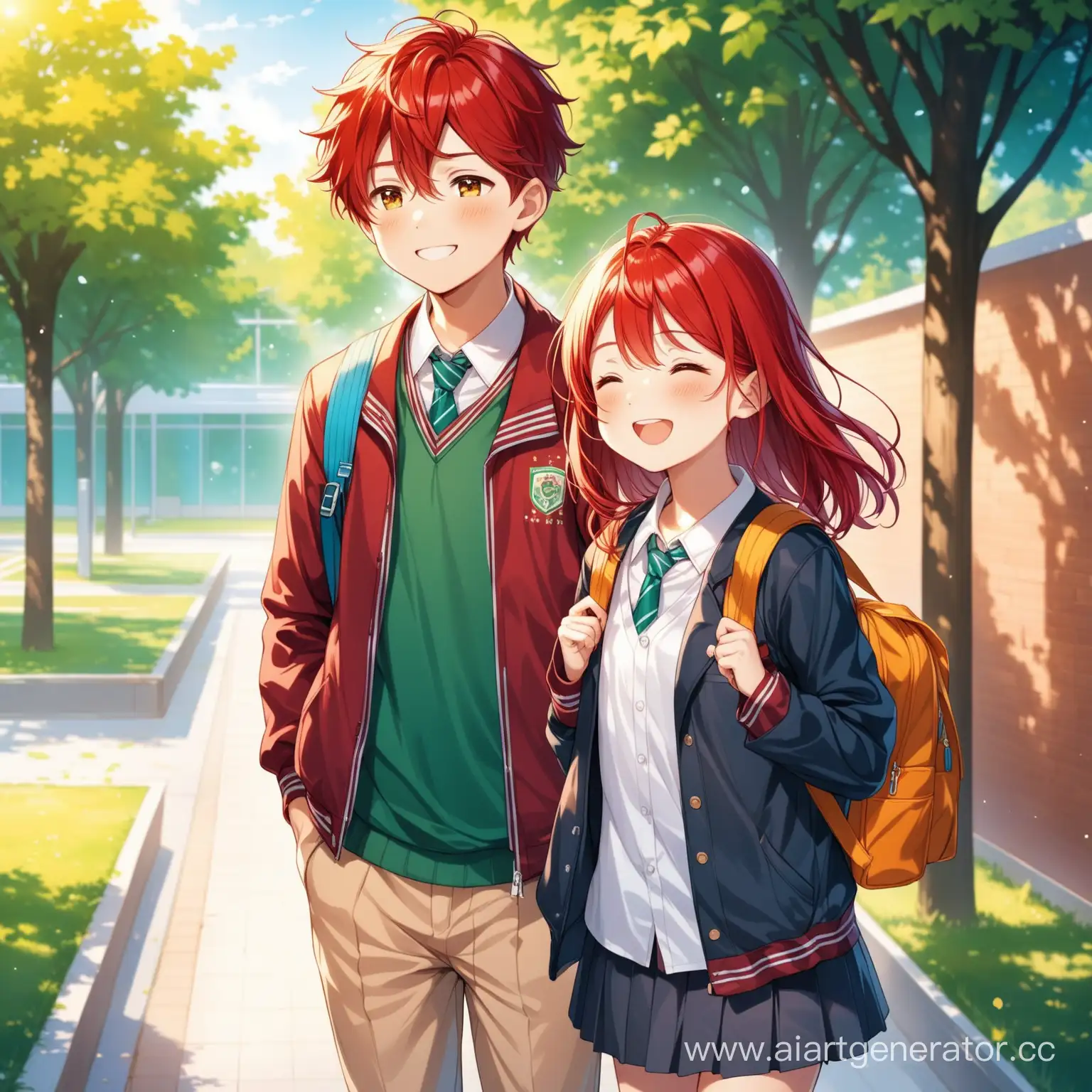 Excited-Kids-on-Their-First-Day-of-School-RedHaired-Girl-and-Boy-in-Jackets
