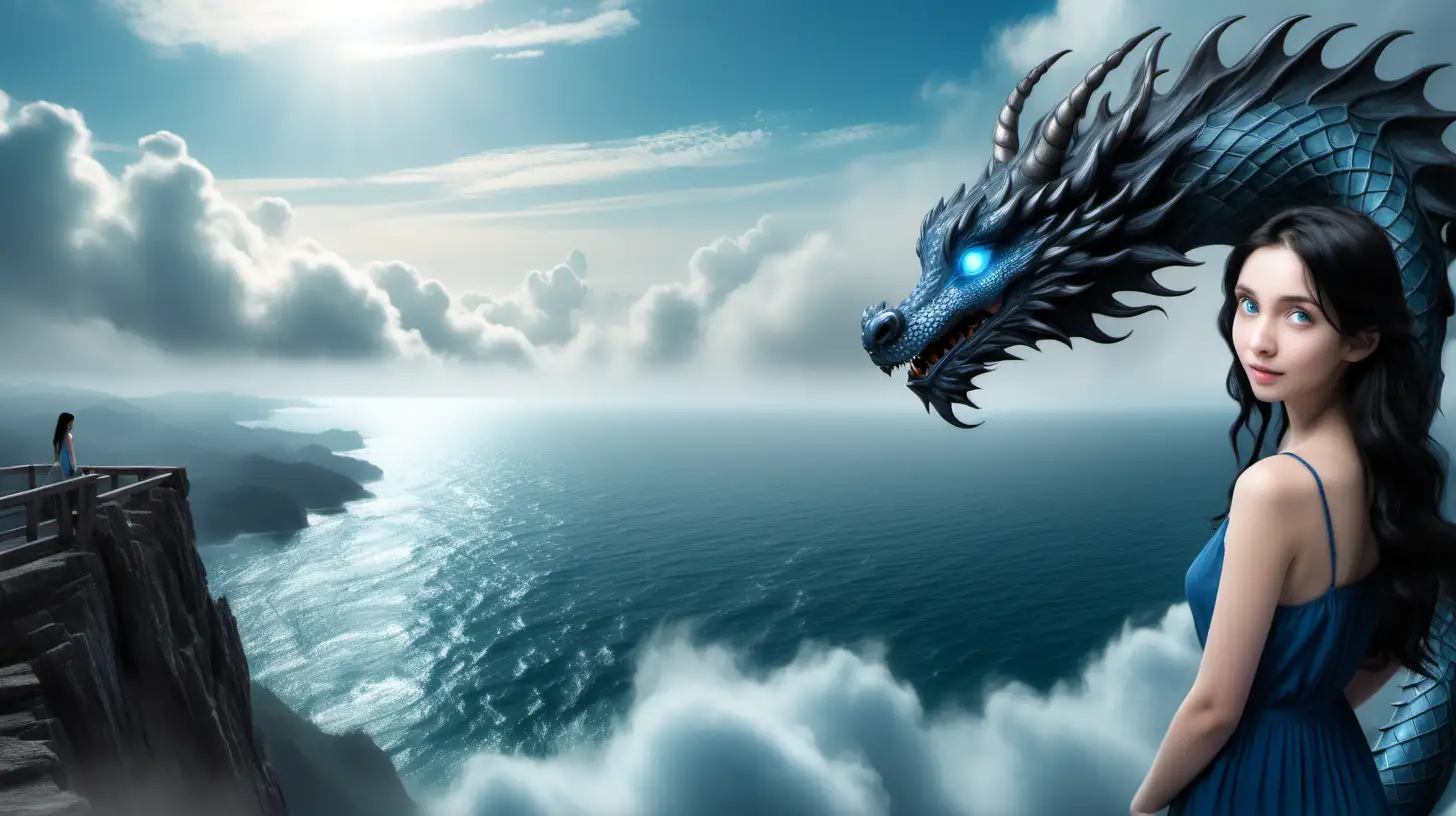 Serene Wood Dragon Cliff Tranquil Scene with a 33YearOld Girl Amidst Clouds and Sea