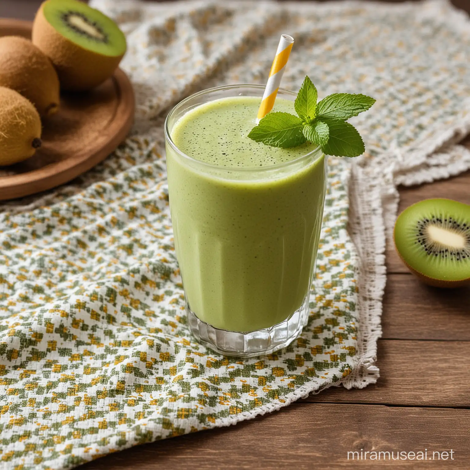 kiwi and mint smoothie in a glass on a table with a nice tablecloth