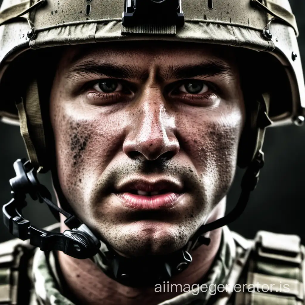 The motivated face of a soldier in a helmet.