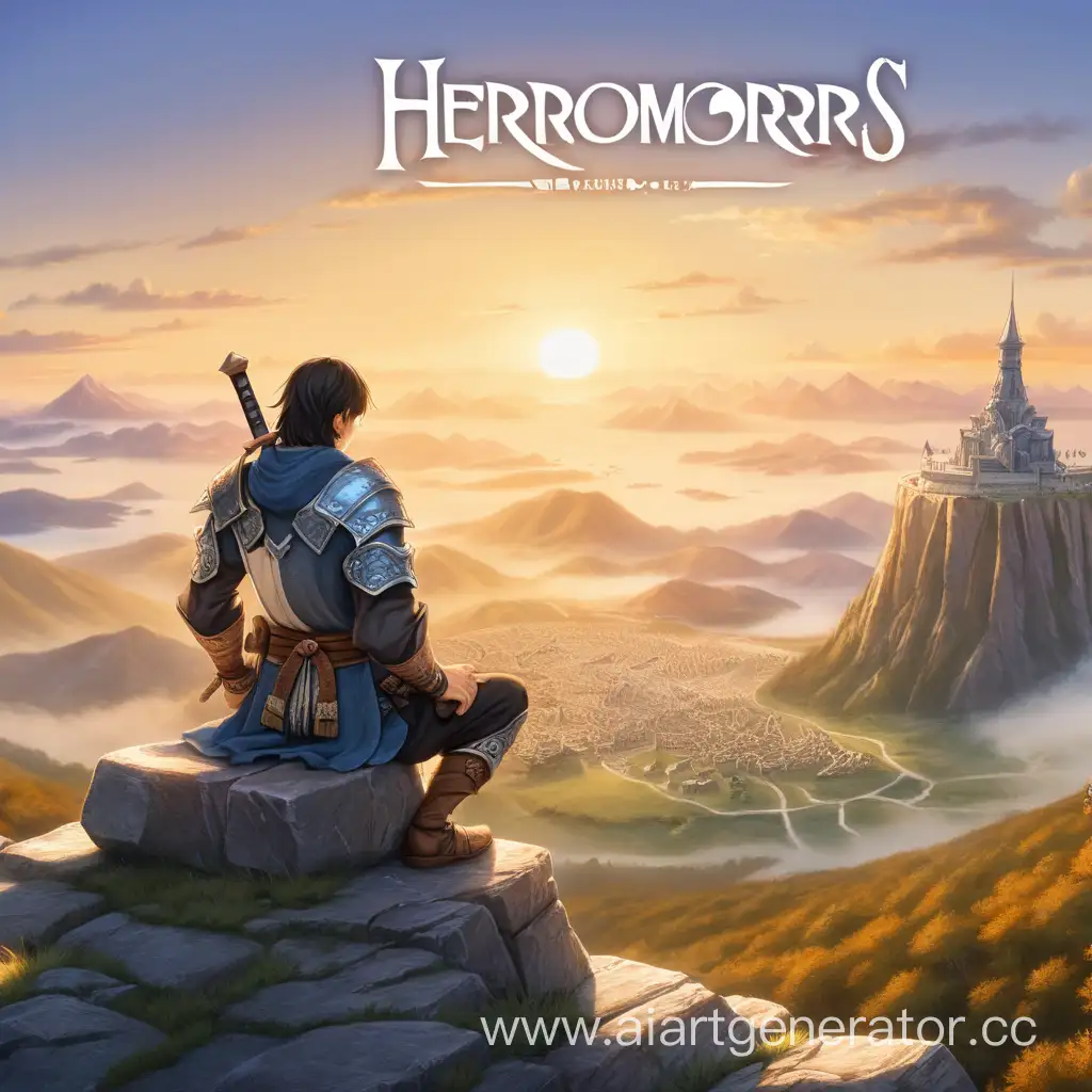 Главный герой мечник сидит на горе и смотрит на королевство в закате а посередине написано HeroMors