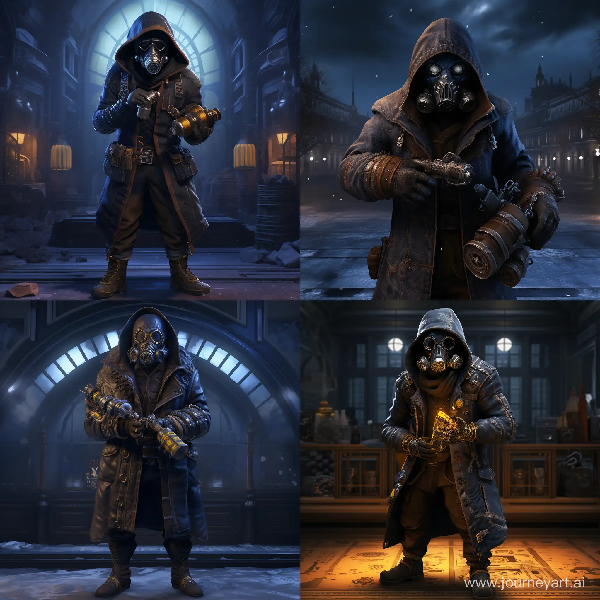 full-length photorealism. Engineer-scientist of strong build. He is wearing a gas mask with a double filter and amber lenses. Dressed in a dark blue warm jacket with a hood with fur trim and dark blue jeans. Wears gray gloves and black combat boots. In his hand he holds a small sphere with complex patterns that glow blue. It stands inside the city which is located among the icy wasteland