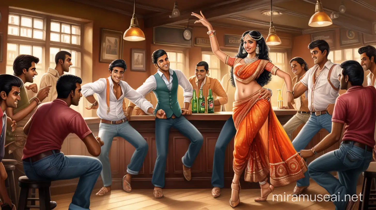 A properly dressed female dancer in a pub surrounded by a few young Indian men.  Please make the image cartoon type. 