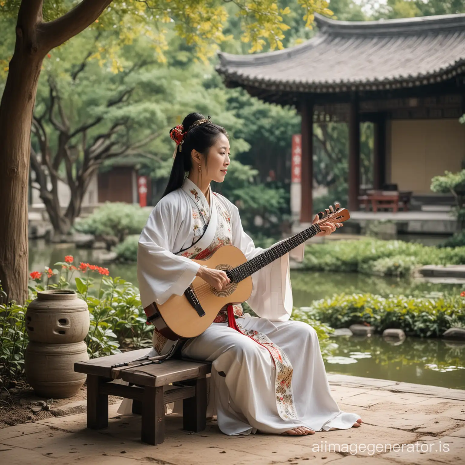 Chinese female musician in middle age in a Chinese garden playing for a samurai
