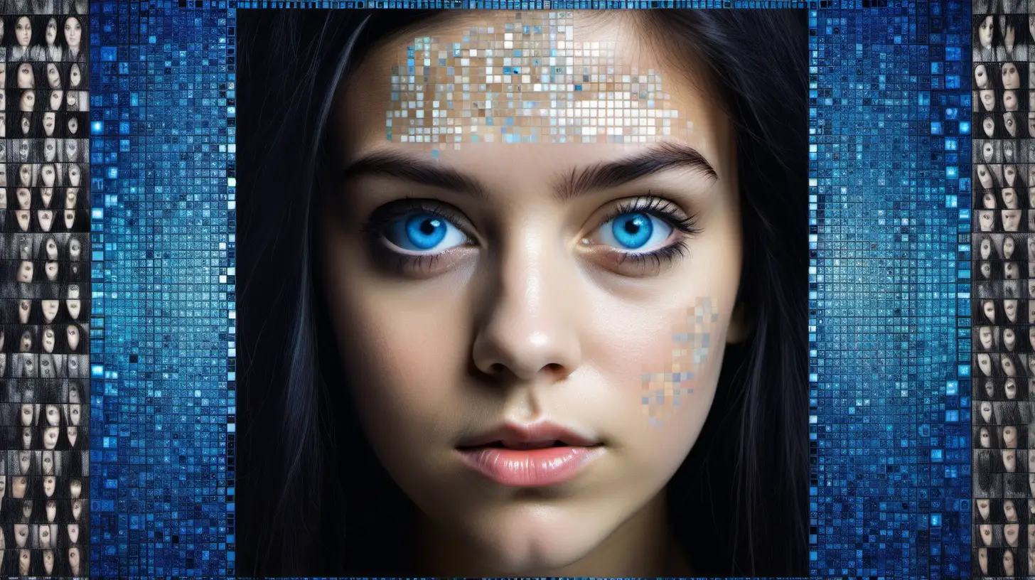 movie poster in style of chuck close with photo mosaic of computer monitors creating the face of a beautiful young girl with black hair and blue eyes