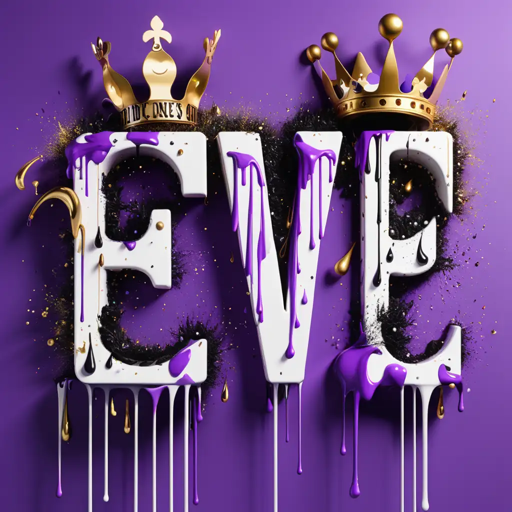 Mesmerizing 3D Queens of Eve Art Vibrant Purple Gold Black and White Paint Drips with Musical Notes and Crowns