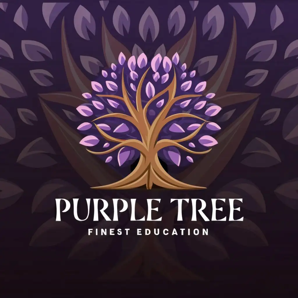 a logo design,with the text "purple tree"in beautiful font , main symbol:tree,complex,be used in Education industry,leafs floating in backgroundwith tagline "finest education'