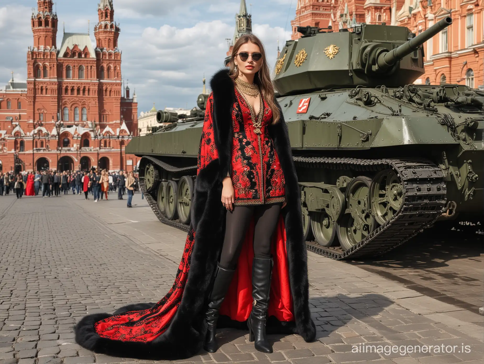 Fashionable-Russian-Woman-in-Red-Silk-Dress-and-Fur-Chapka-by-Khaki-Tank-at-Red-Square-Moscow