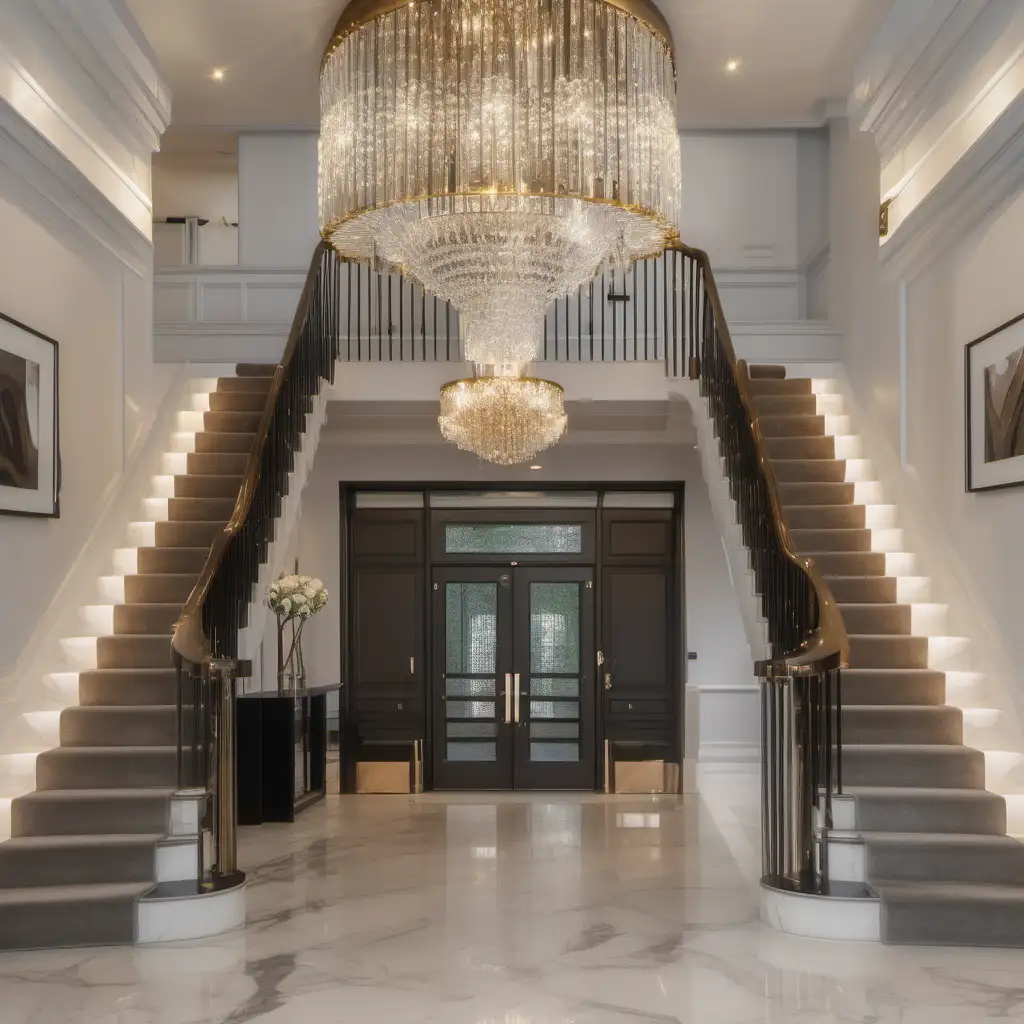 Editorial style photo of an entry way modern double stair case bronze statement crystal chandelier in a modern London mansion. High resolution 8k taken by cannon