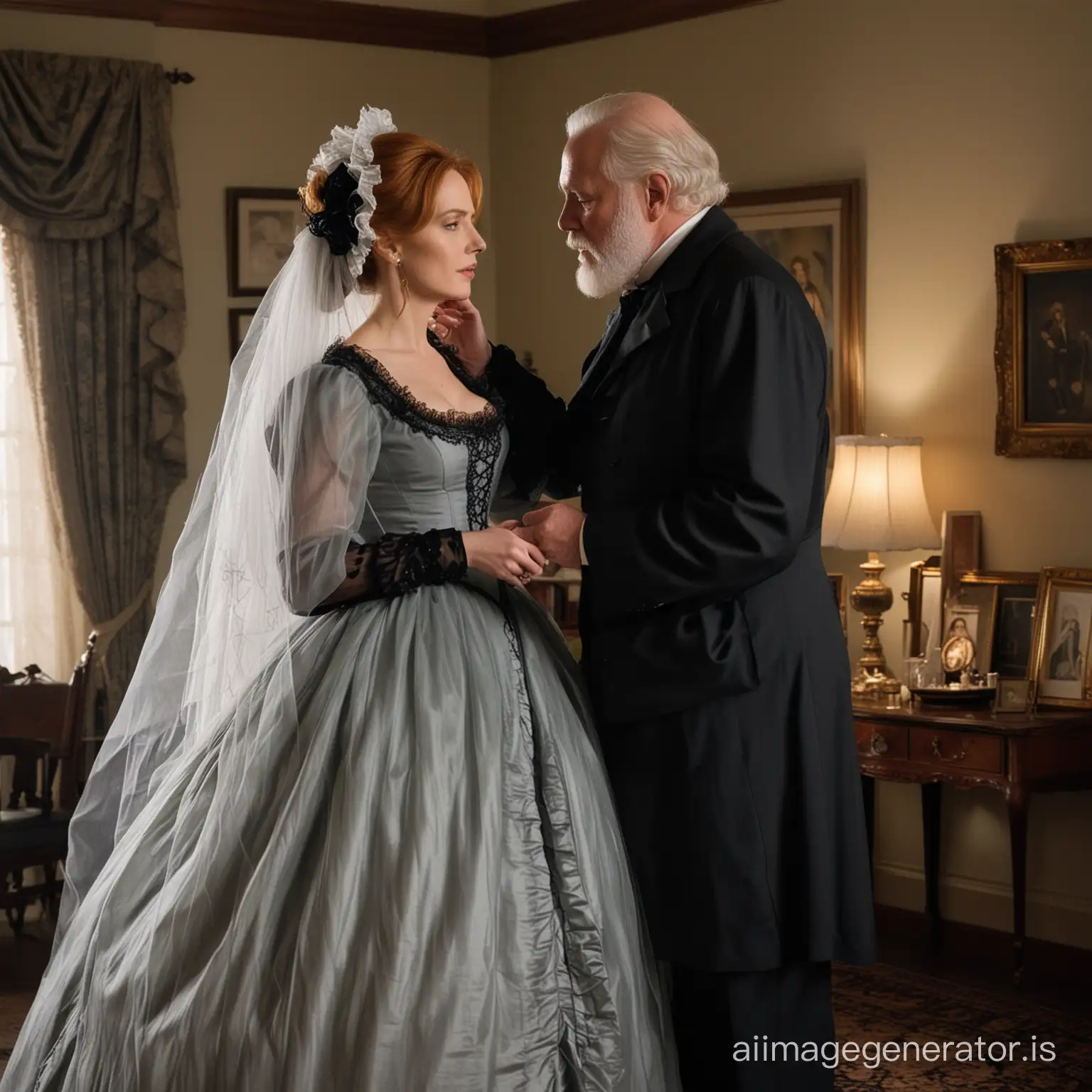Dana Scully wearing a poofy black floor-length loose billowing 1860 Victorian crinoline dress with a frilly bonnet kissing an old man who seems to be her newlywed husband