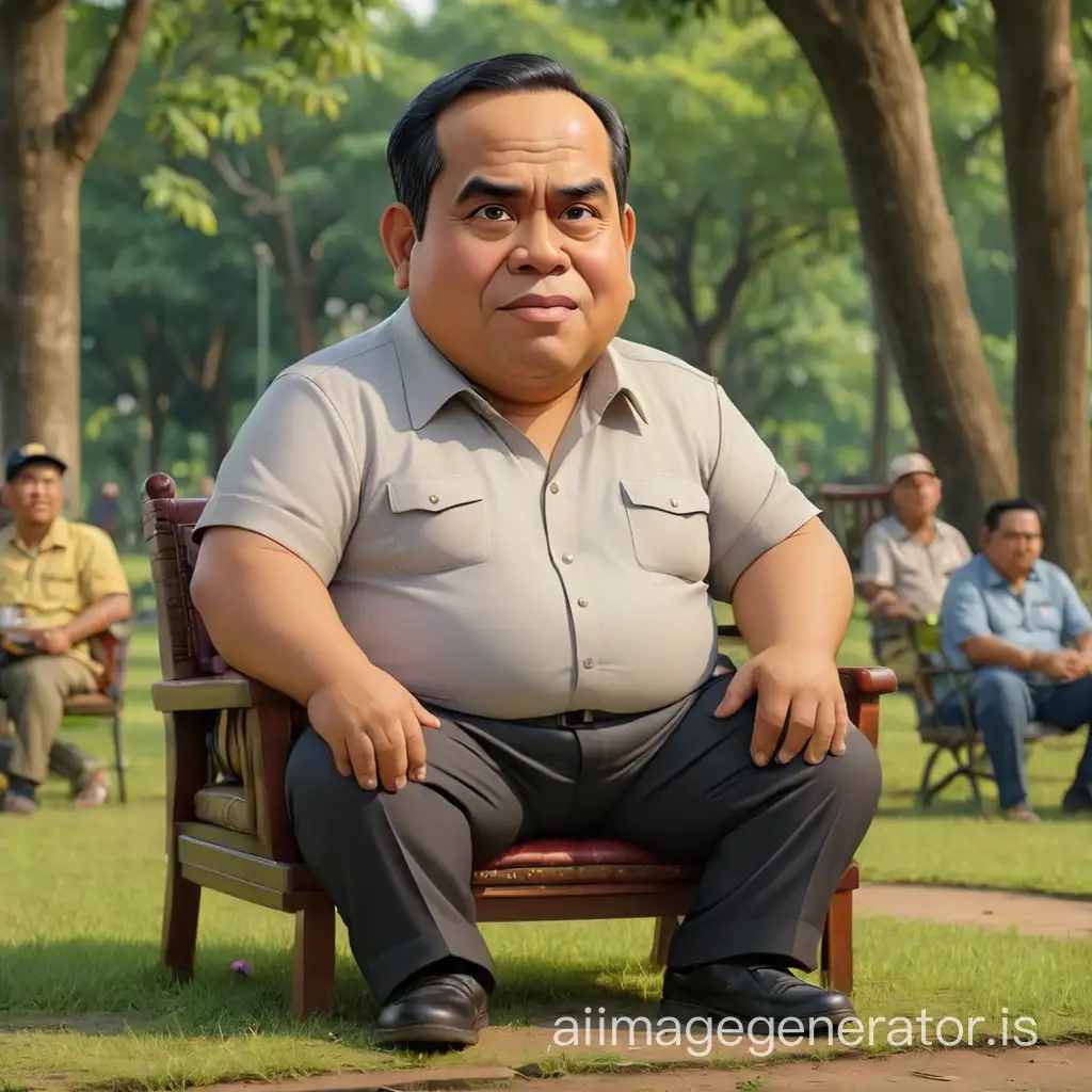 photo realistic caricature of a jokowi and a rather chubby man sitting on a chair in a park, rural atmosphere of Indonesia