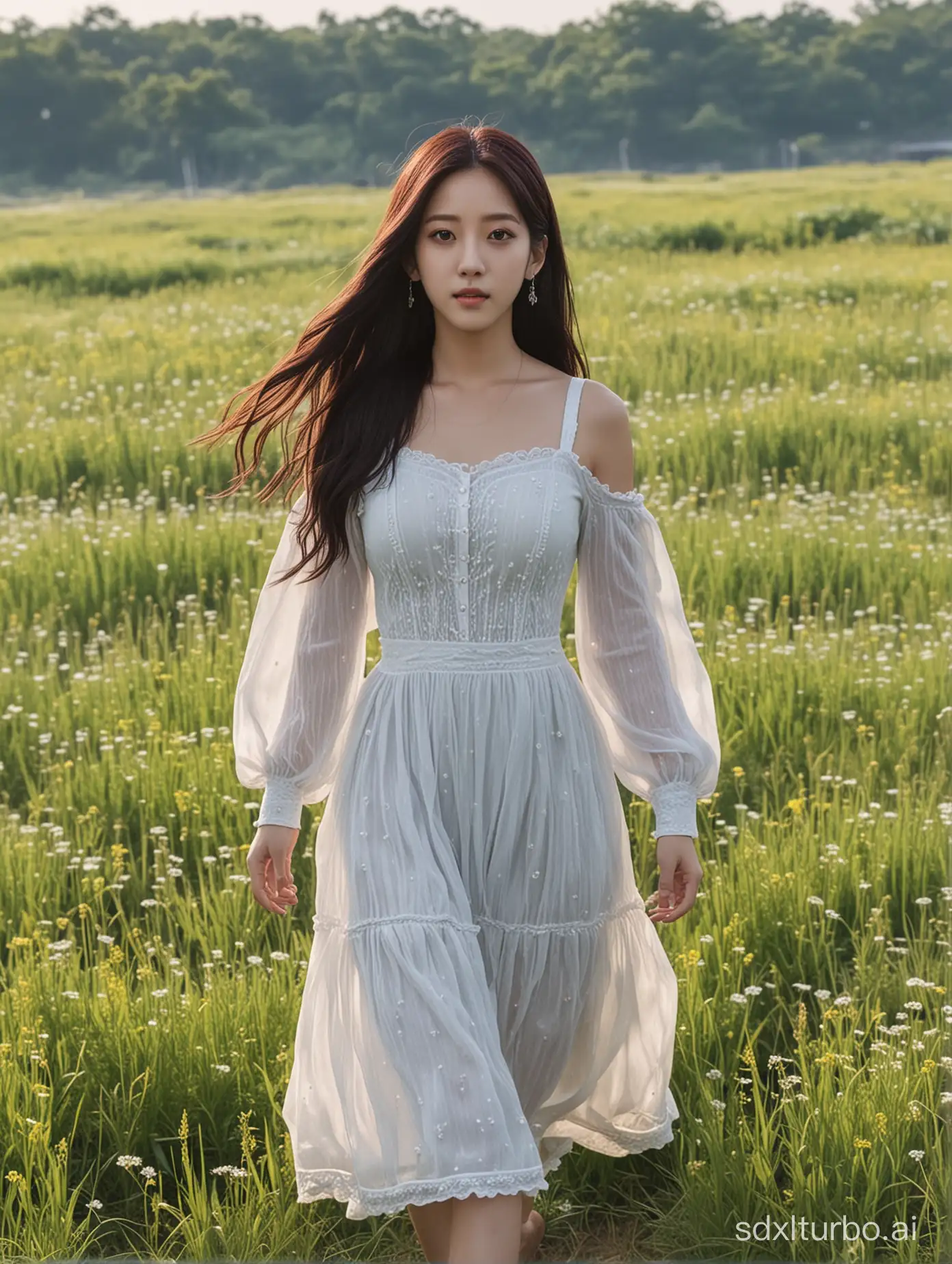 Beautiful Jisoo walking through a field, highly detailed,