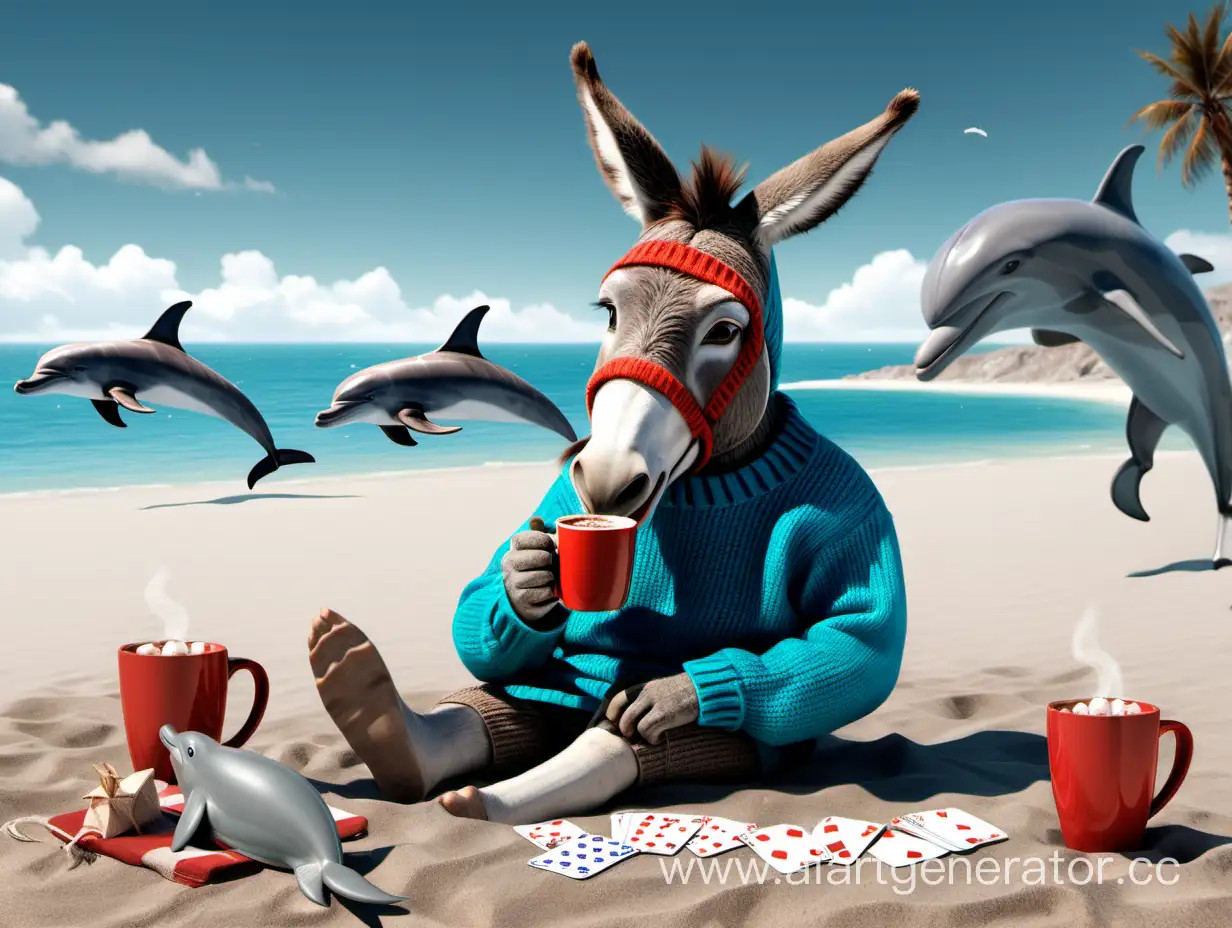 осел лежащий на пляже летом в зимнем свитере держащий горячи шоколад и играющий в карты с дельфином