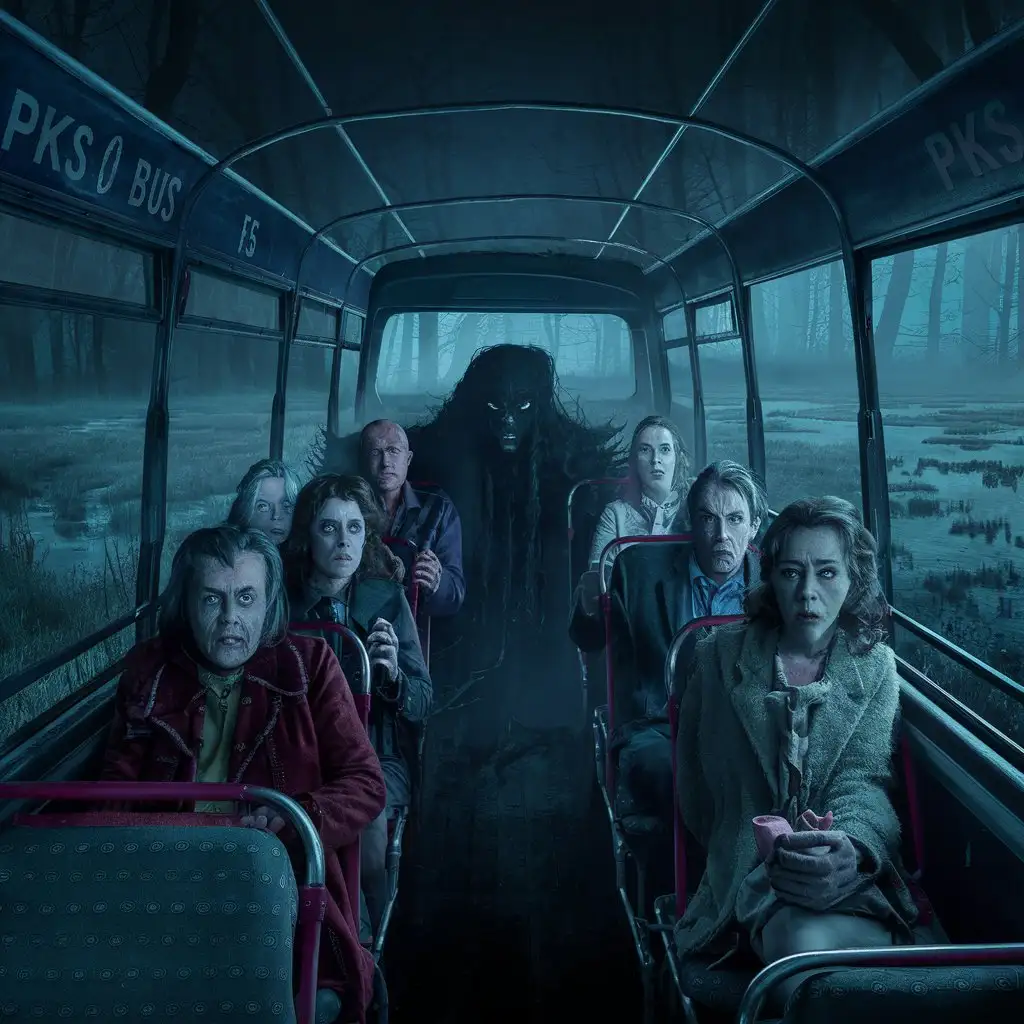 polski autobus PKS jedzie przez mroczny ciemny las i bagna, w środku siedzi siedem osób i obcy, mgla