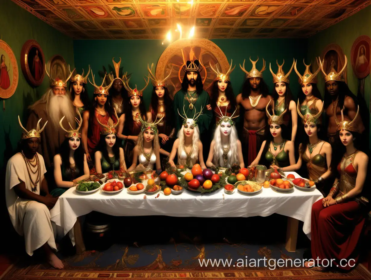 Six Northern European, Southern European, Eastern European, West European, Central European, and six Middle Eastern, Central Asian, South Asian, Eastern Asian, North African and Black African elves and fairies celebrating Winter Solstice indoors in a festive, decorated hall with  Jesus, Christ, Odin, Freya, Krishna and Ishtar and Aphrodite and Lilith and Goddess Danu  and Pan  and children and animals