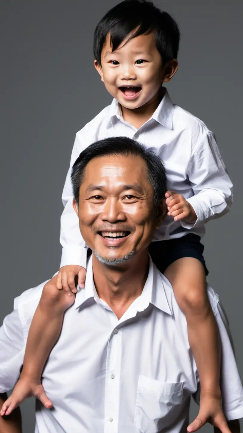a 50 year old asian man, black short thin hair, wearing white button up, carrying his son on his shoulder looking all happy