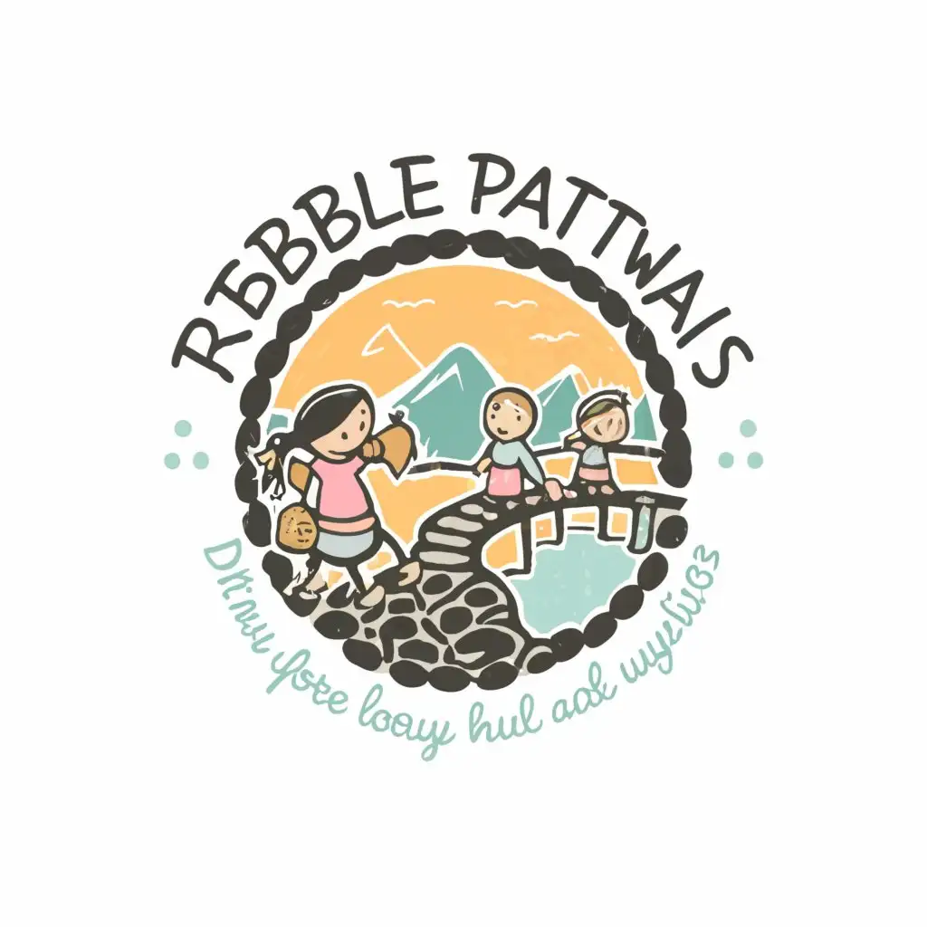 a logo design,with the text 'Pebble Pathways', main symbol:river, pebbles, bridge, pathway, cute kids walking, stepping stones, playful, moderate,clear background