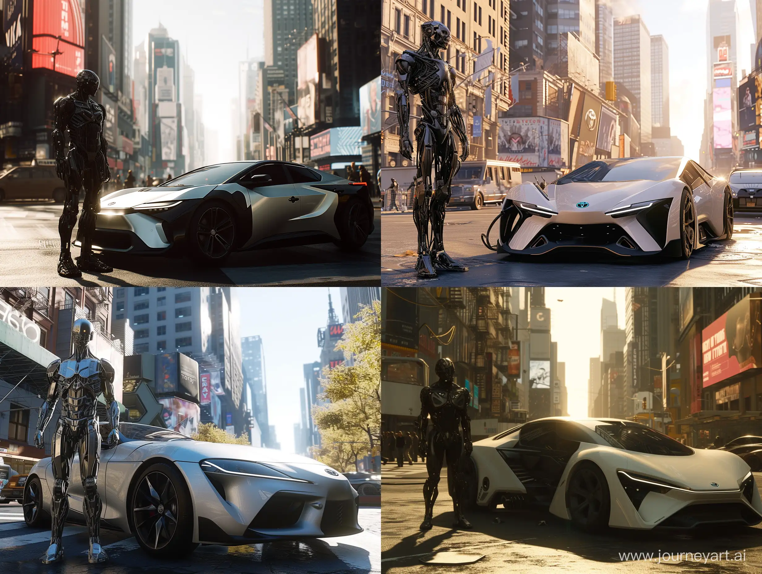 a screen capture showcasing a 1st person view perspective of a cybernetic man standing next to a futuristic electric toyota car, natural lighting, environment, a bustling new york manhattan, full view, science fiction, 35mm, transportation, open world, hud,

