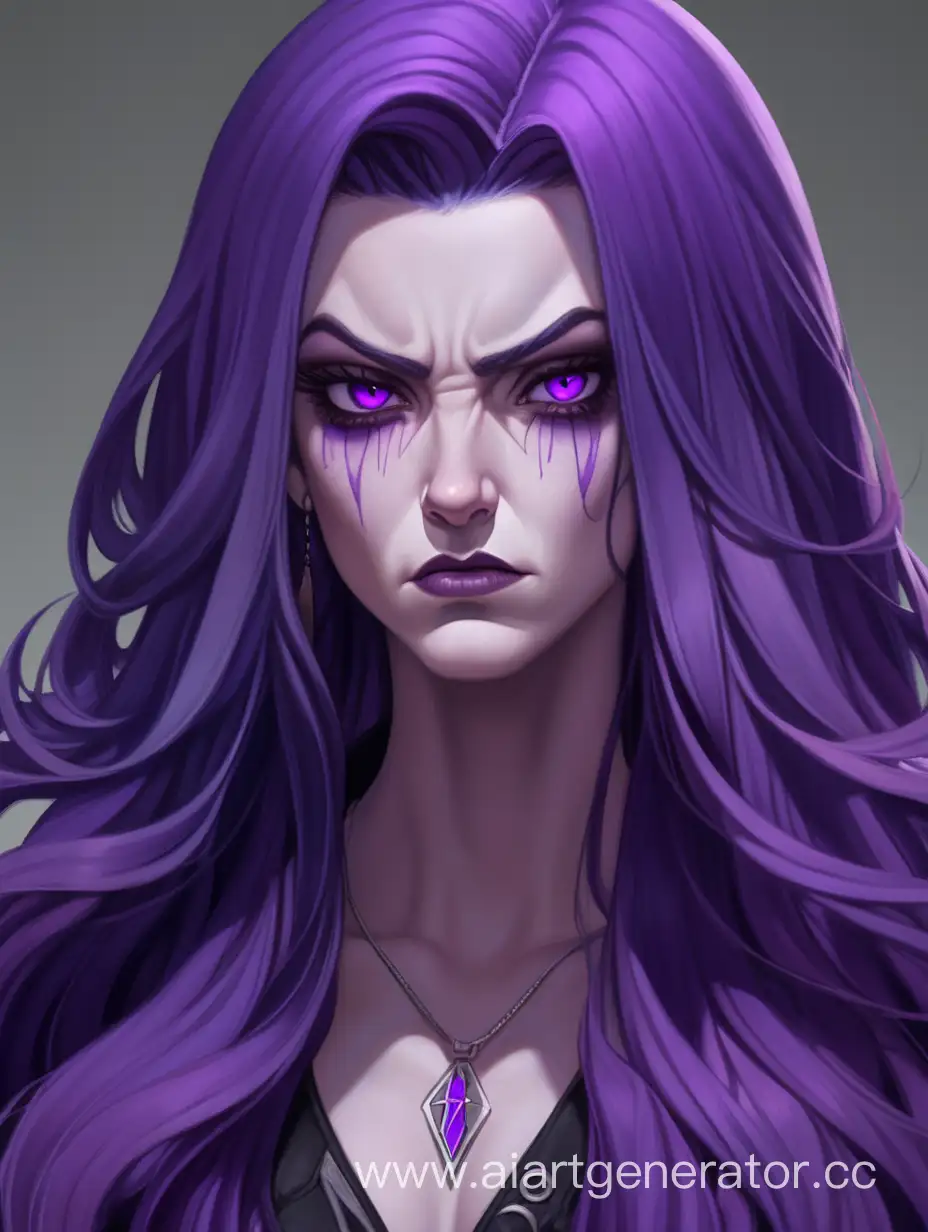 девушка 30 лет, фиолетовые длинные волосы со стрижкой wolfcut, яркие фиолетовые глаза, острые, злая и хмурая