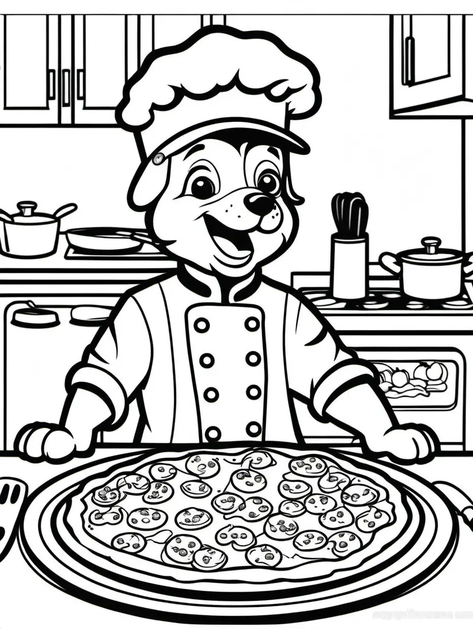 coloring book for kids, simple, adult coloring book, no detail, outline no color,   dog chef making pizza,   fill frame, edge to edge, clipart white background --ar 17:22