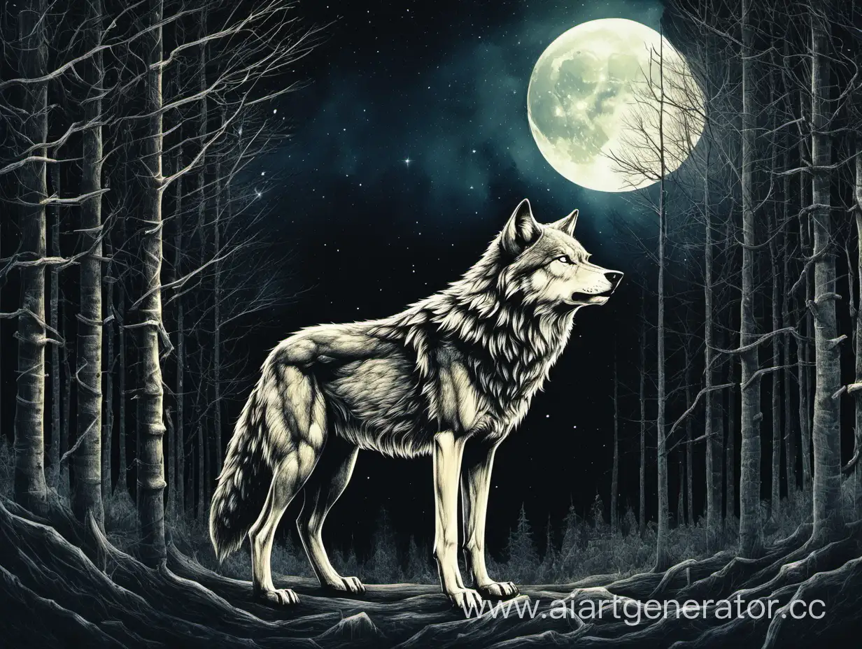 Wild-Wolf-Roaming-in-the-Dark-Forest-at-Night