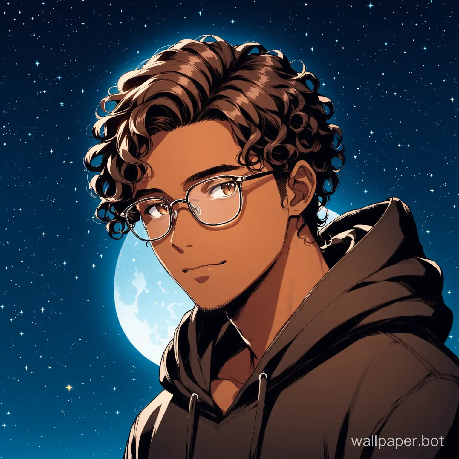 a man with brown skin with curly side part hair style use glasses and black hoodie with night sky background