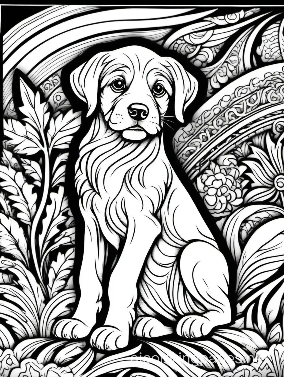 Playful-Majestic-Puppy-Coloring-Page-Elaborate-Woodcut-Style-for-Kids