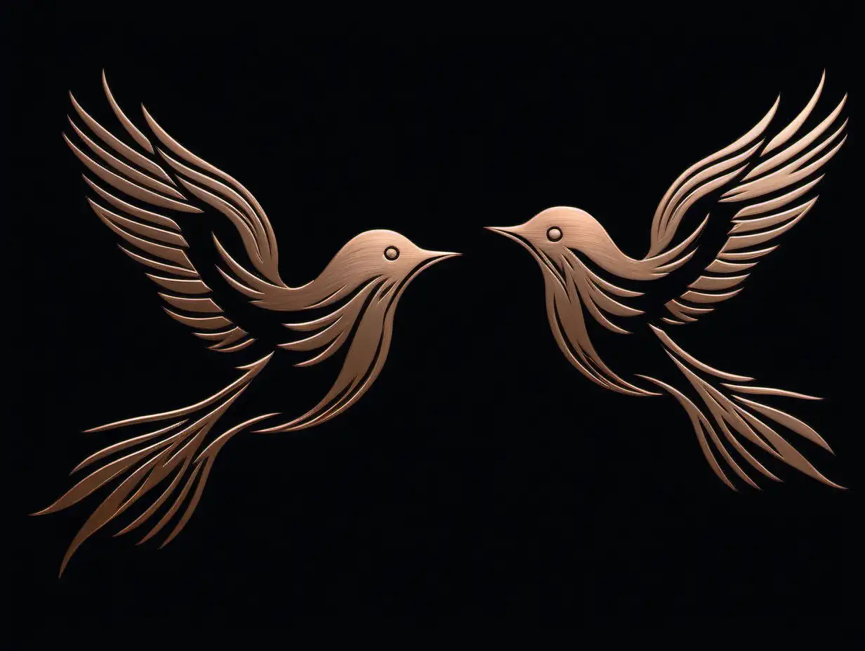 Outline of birds flying, Shiny Metallic bronze color, positive and negative space, defined feathers.  Black background. 