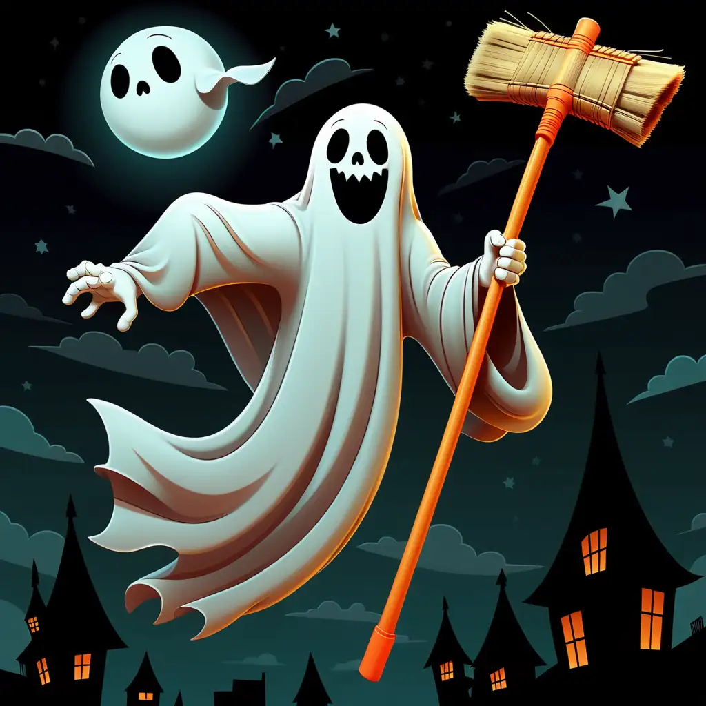 Cartoon Ghost Flying with a Broom in Moonlit Night
