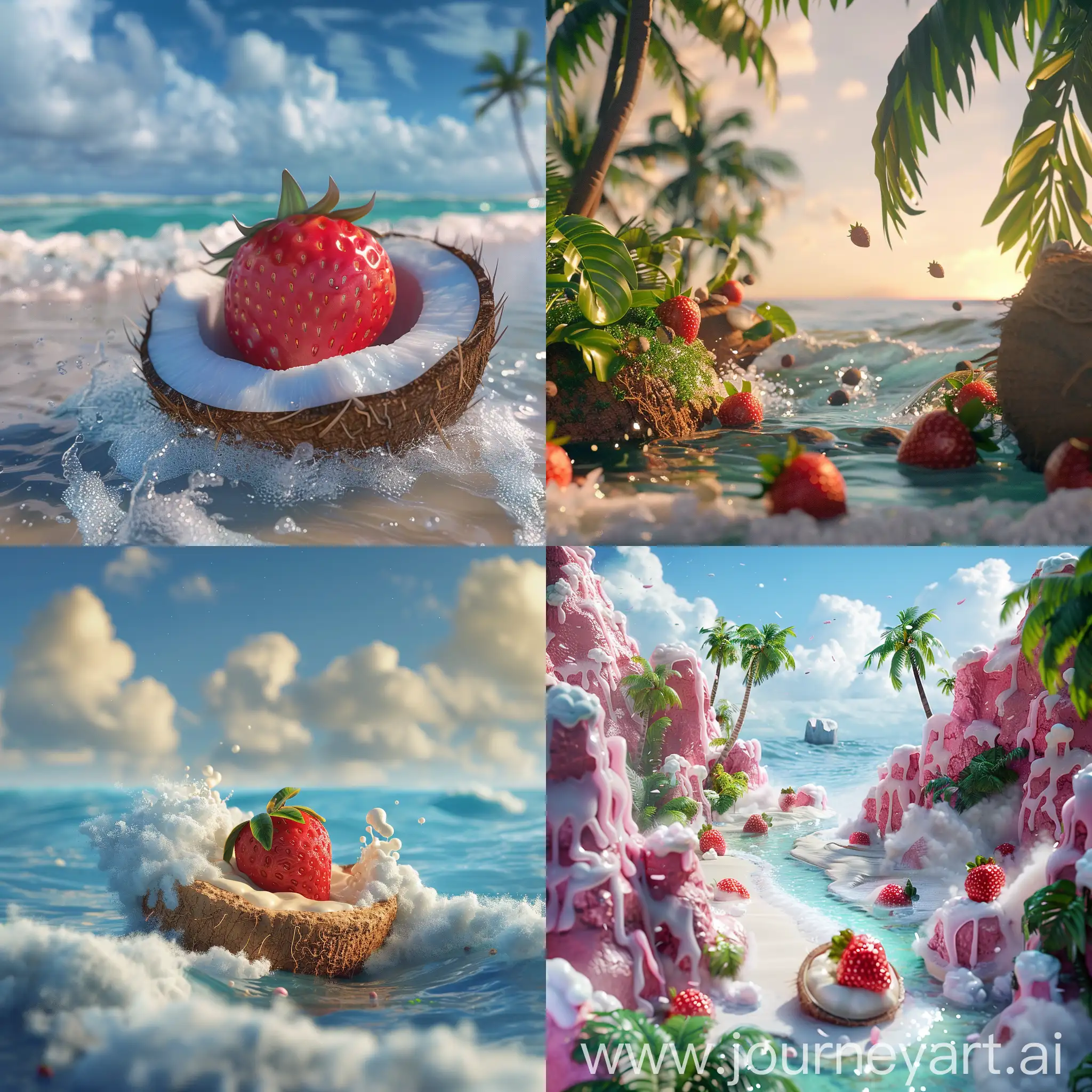 Tropical-Dessert-Delights-Coconut-and-Strawberry-on-Ocean-Waves-in-3D-Animation