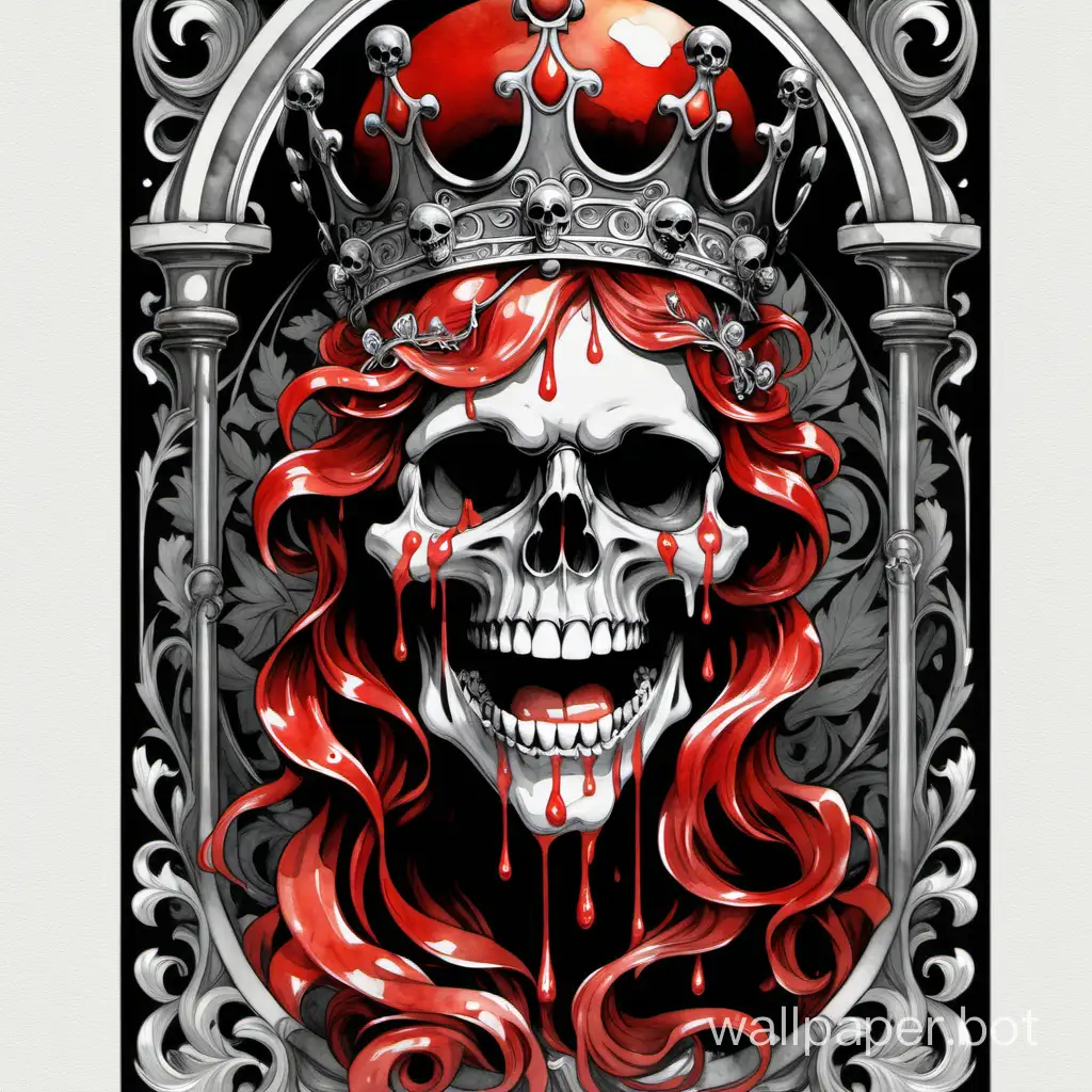 laugh skull wearing a little crown, blindfolded, ornamental, baroque, dripping watercolor, Alphonse Mucha, William Morris, red, black, white, gray, hyperdetailed poster, dark, high contrast,