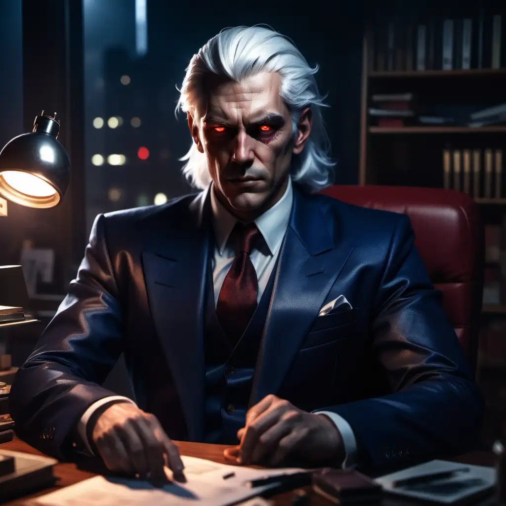 A male Ventrue, white hair, sitting by a desk, red eyes, smoking, wearing a dark blue suit, at night, realistic