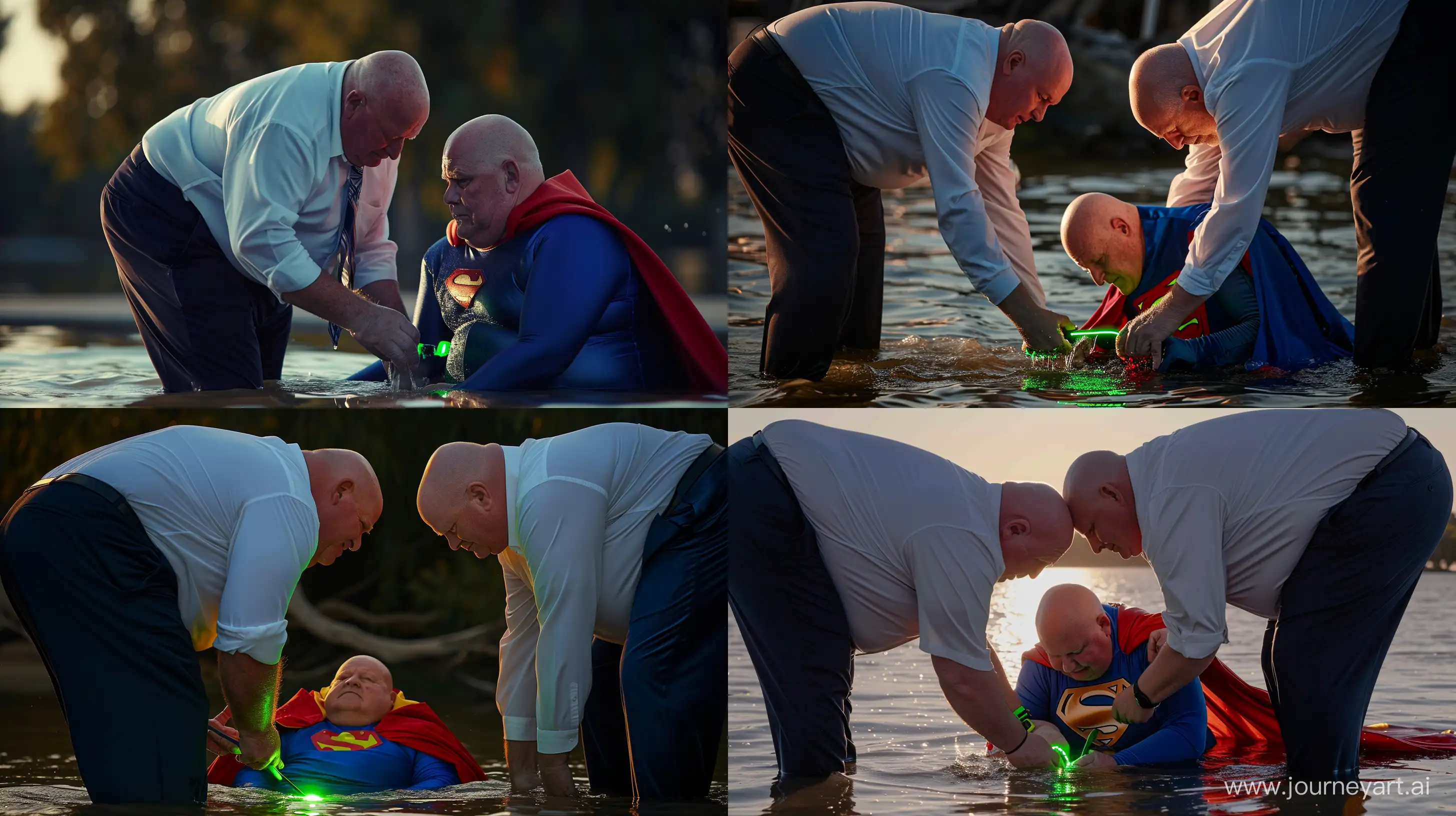 A closeup photo of two chubby man aged 60 wearing a silky navy business pants and a white shirt, bending over and tightening a green glowing small short dog collar on the neck of another chubby man aged 60 sitting in the water and wearing a blue silky superman costume with a large red cape. Outside. Bald. Clean Shaven. --style raw --ar 16:9 --v 6