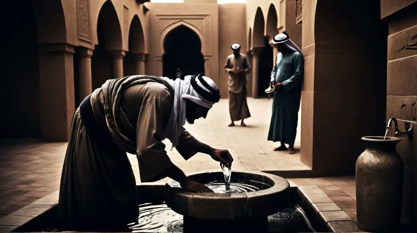 A dark landscape image of an ancient arab society deeply connected to islam, A man drinking from water fountain