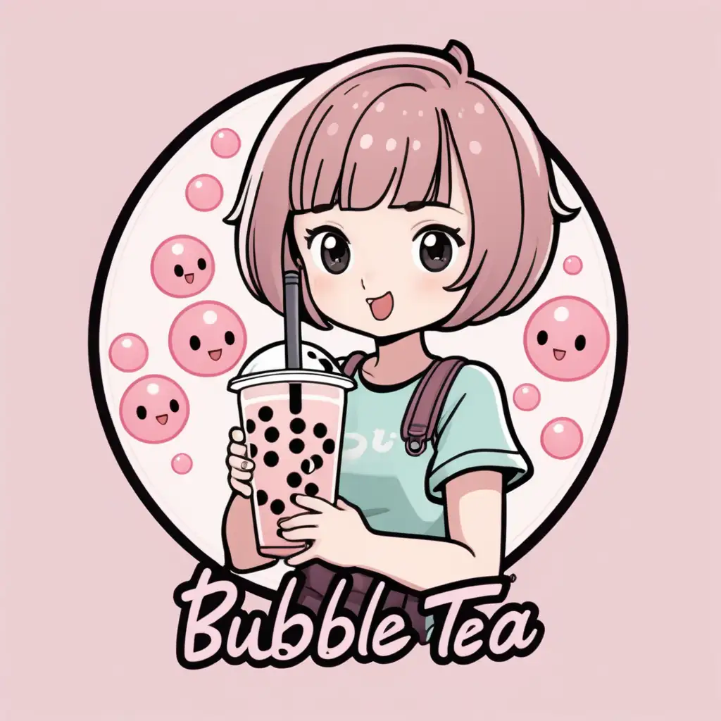 bubble tea logo with light pink cartoonist back ground. With a short hair girl holding.