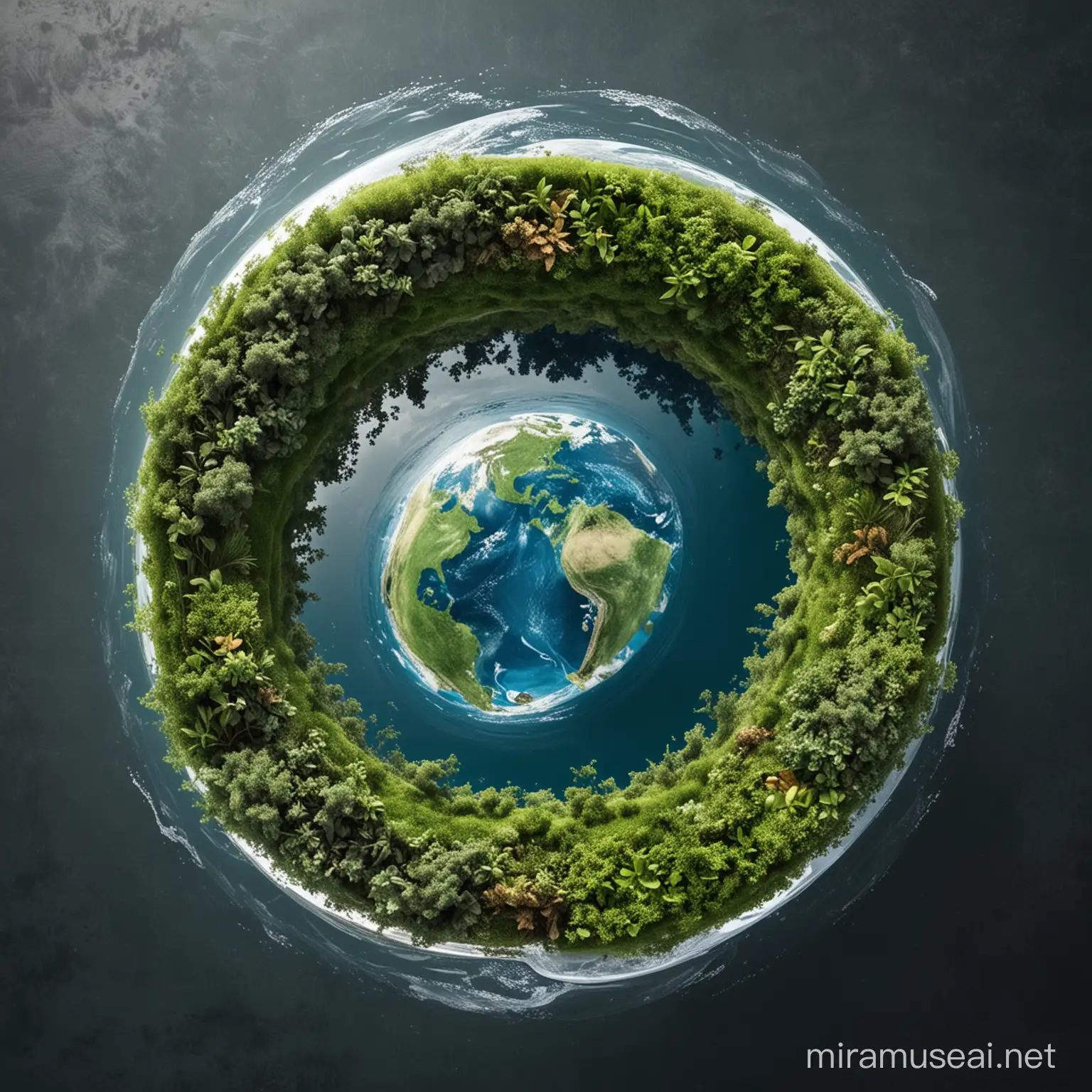 Generate an earth image. make it in 2 half where left half is greenery and water and the right half is plastic waste.