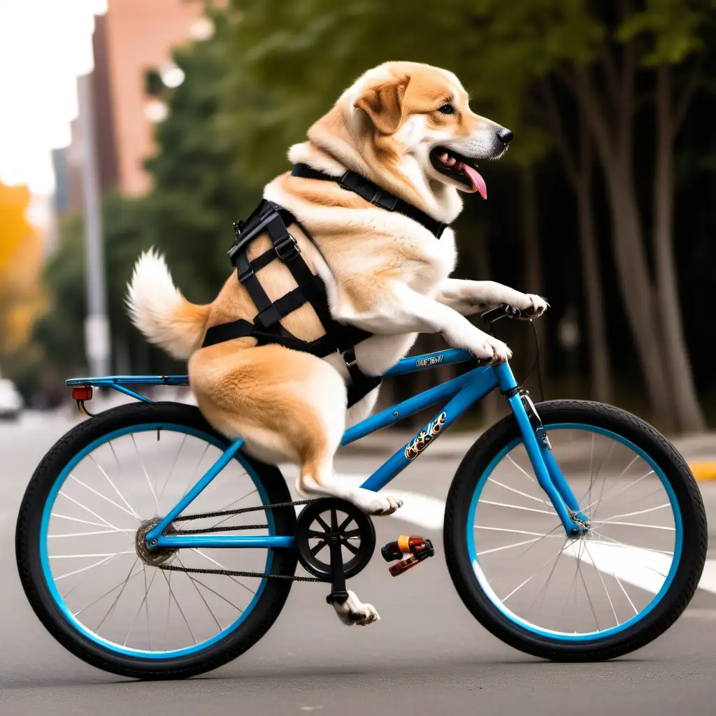 a dog riding a bicycle with the seat under it's stomach and pedals for all four paws