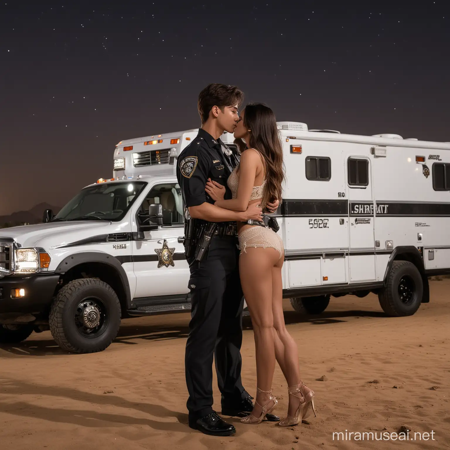Tall muscular Kpop boy wearing LAPD uniform kiss and carry short Arab girl in Desert next to sheriff motor home at night
