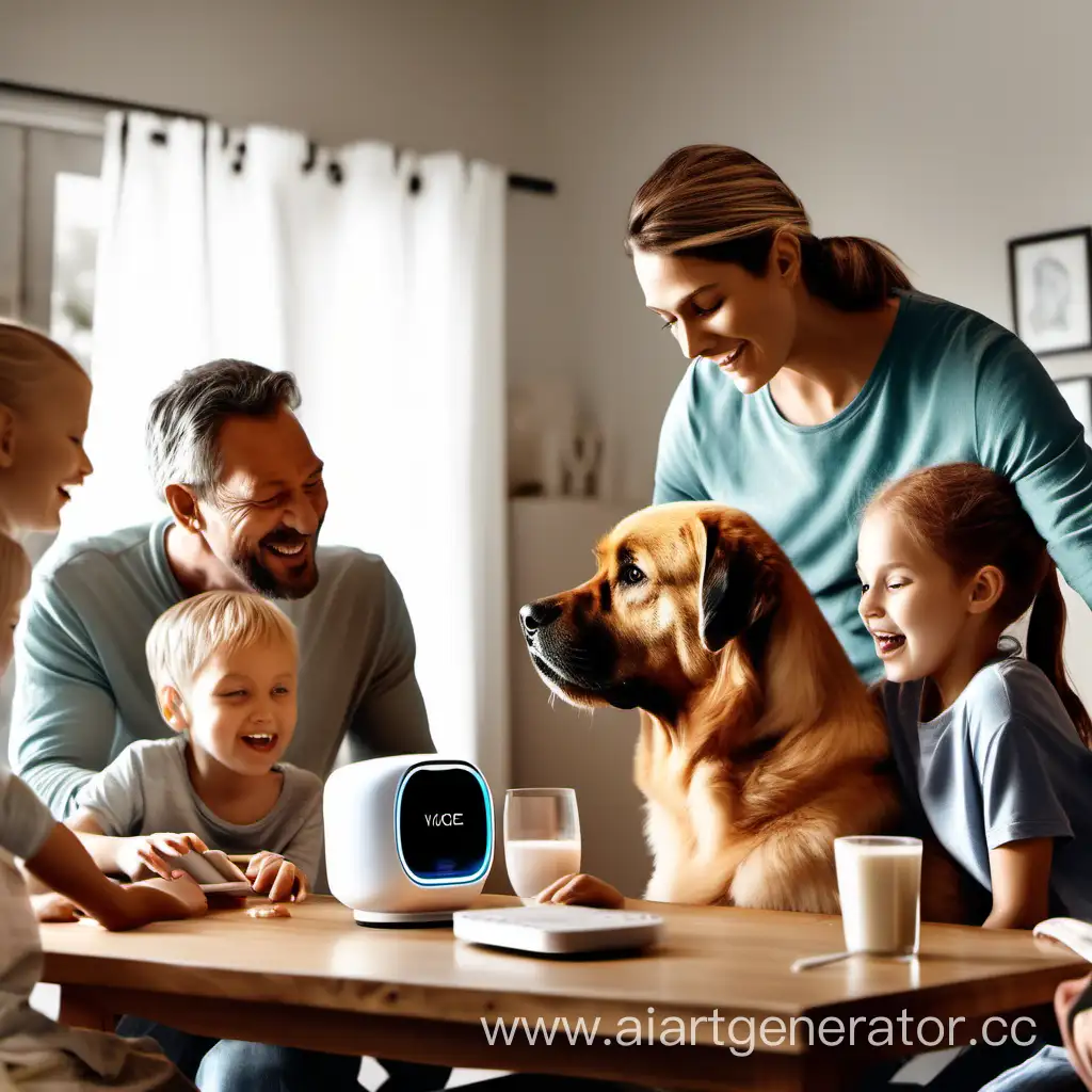 full family with a dog and a voice assistant at the table