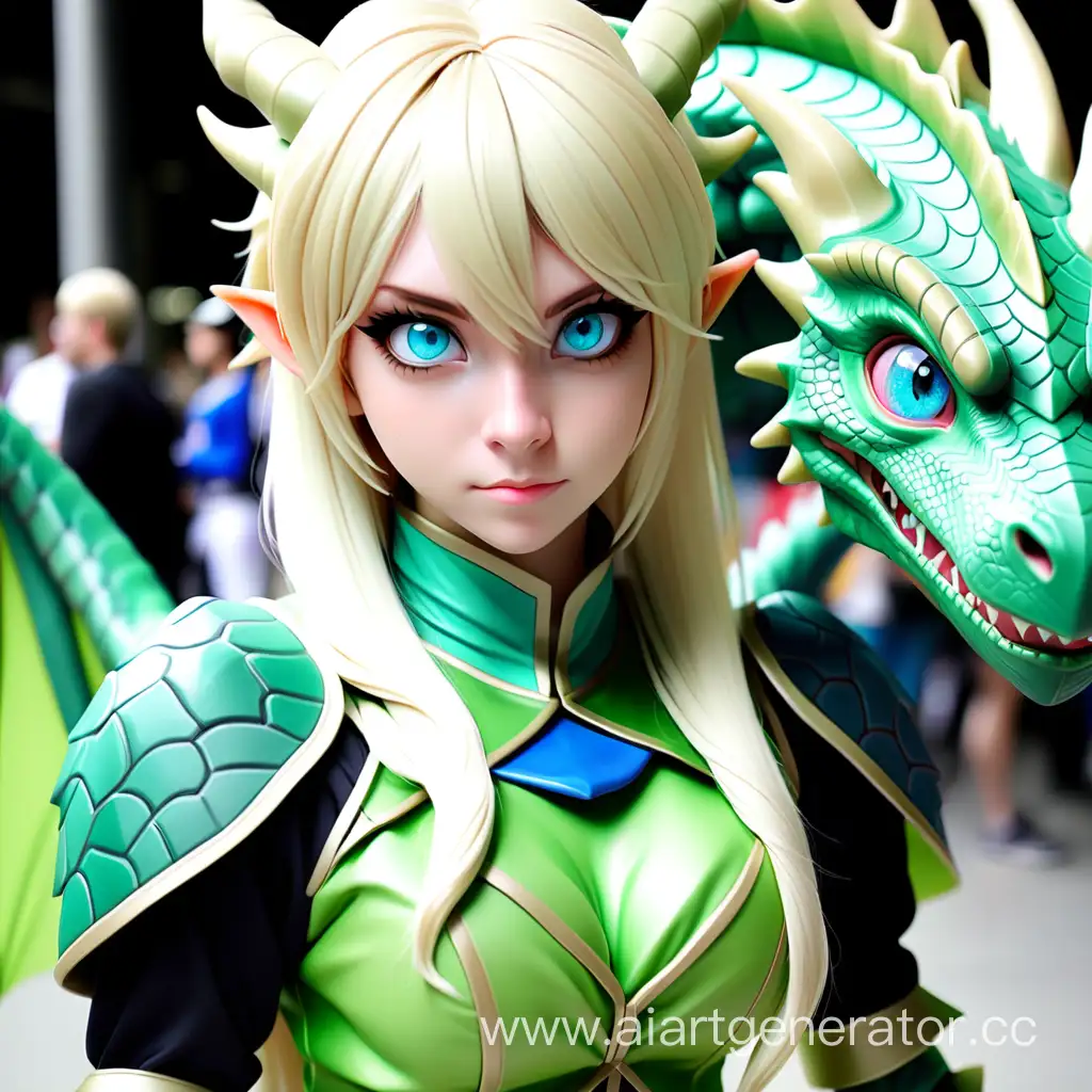 Косплеерша Syui, блондинка с голубыми глазами в костюме зеленого дракона