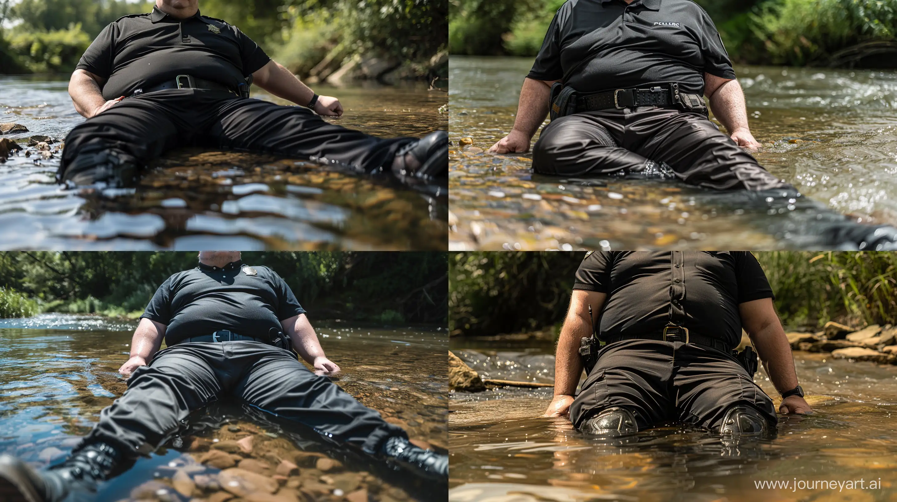 Front view high angle close-up photo of a fat man aged 60 wearing tight silk black security guard battle pants and a tucked in silk black polo shirt. Black tactical belt and boots. Laying on the ground in a river. Outside. Summer. Noon. --ar 16:9