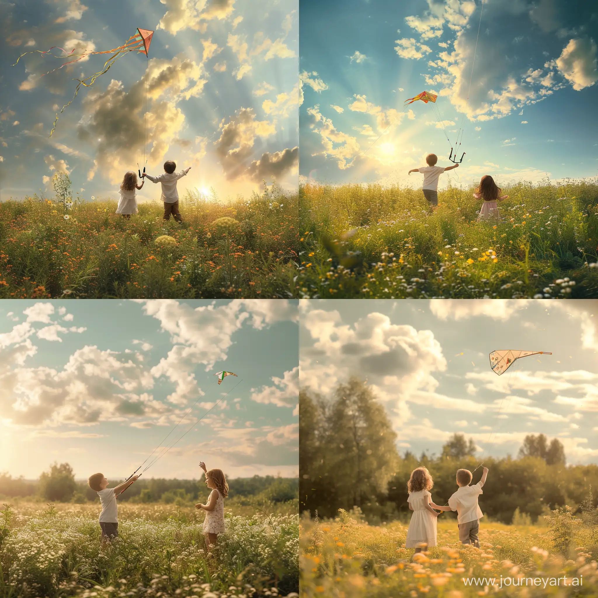 Мальчик с девочкой запускают воздушного змея, летний солнечный день на цветущем лугу, фотография, гиперреализм, высокое разрешение