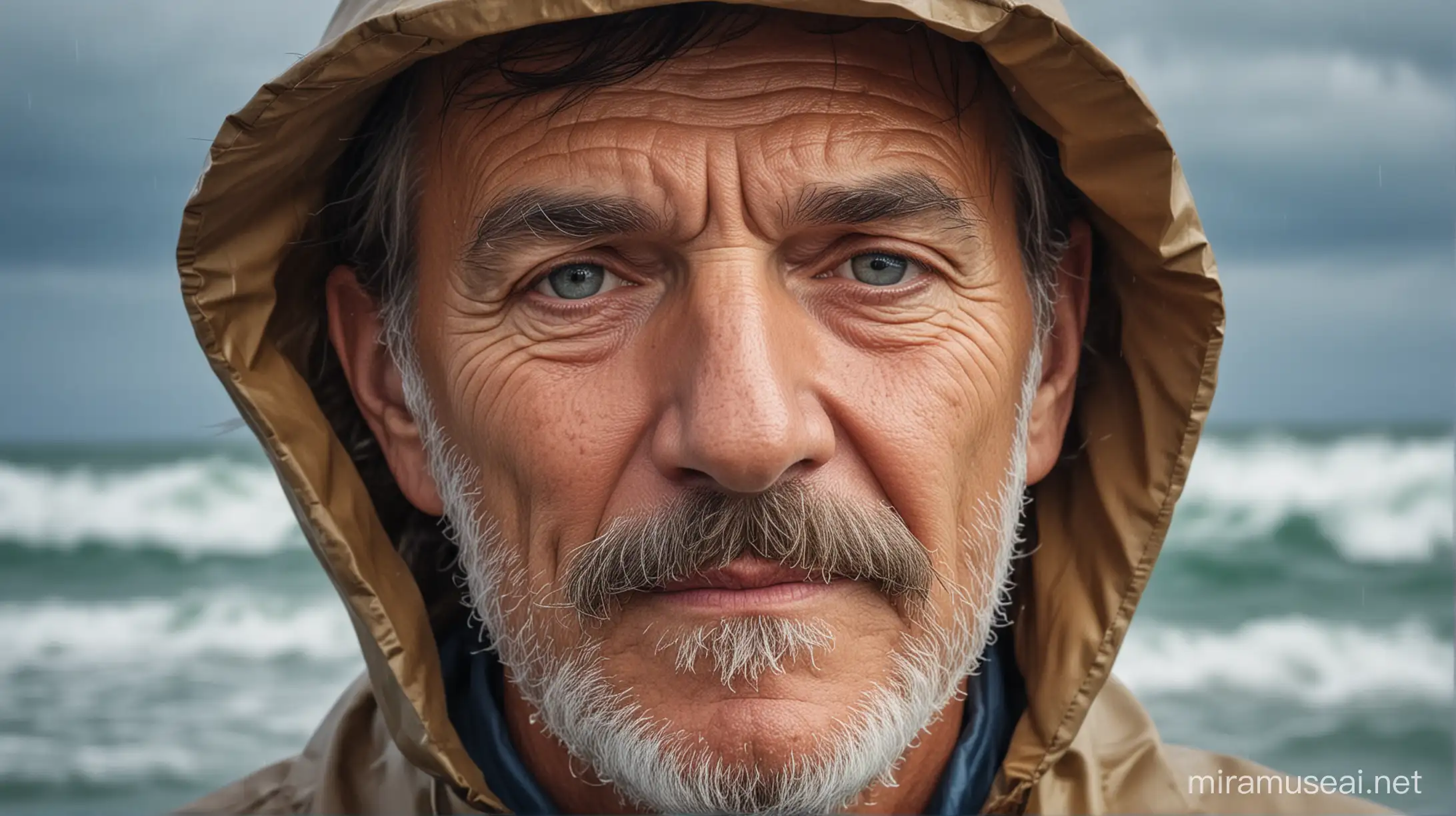 Closeup of Old Fishermans face in raincoat and with mustache. Sea, waves and clouds in background
