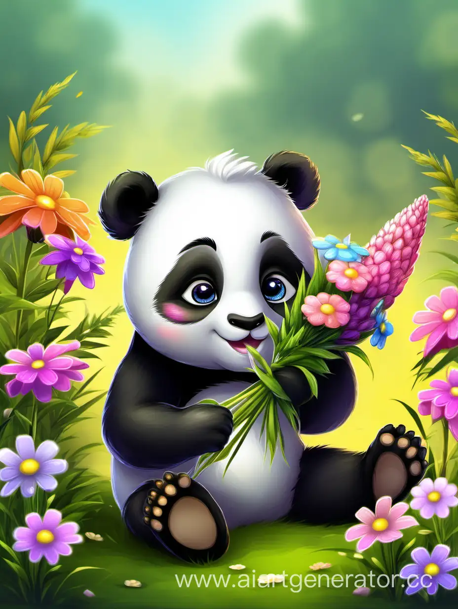 маленькая панда грызёт букет цветов сидя на лугу 